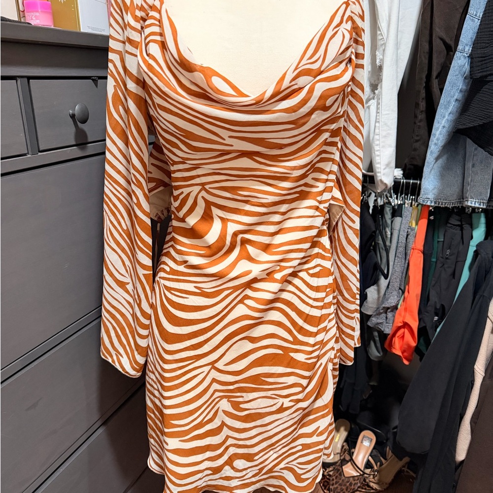 Fashion Nova Rust and Cream Zebra-Print Mini Dress